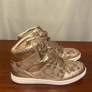 Coach Signature NORRA Khaki Metallic Gold Women’s Hi Top Sneakers  size 8.5M